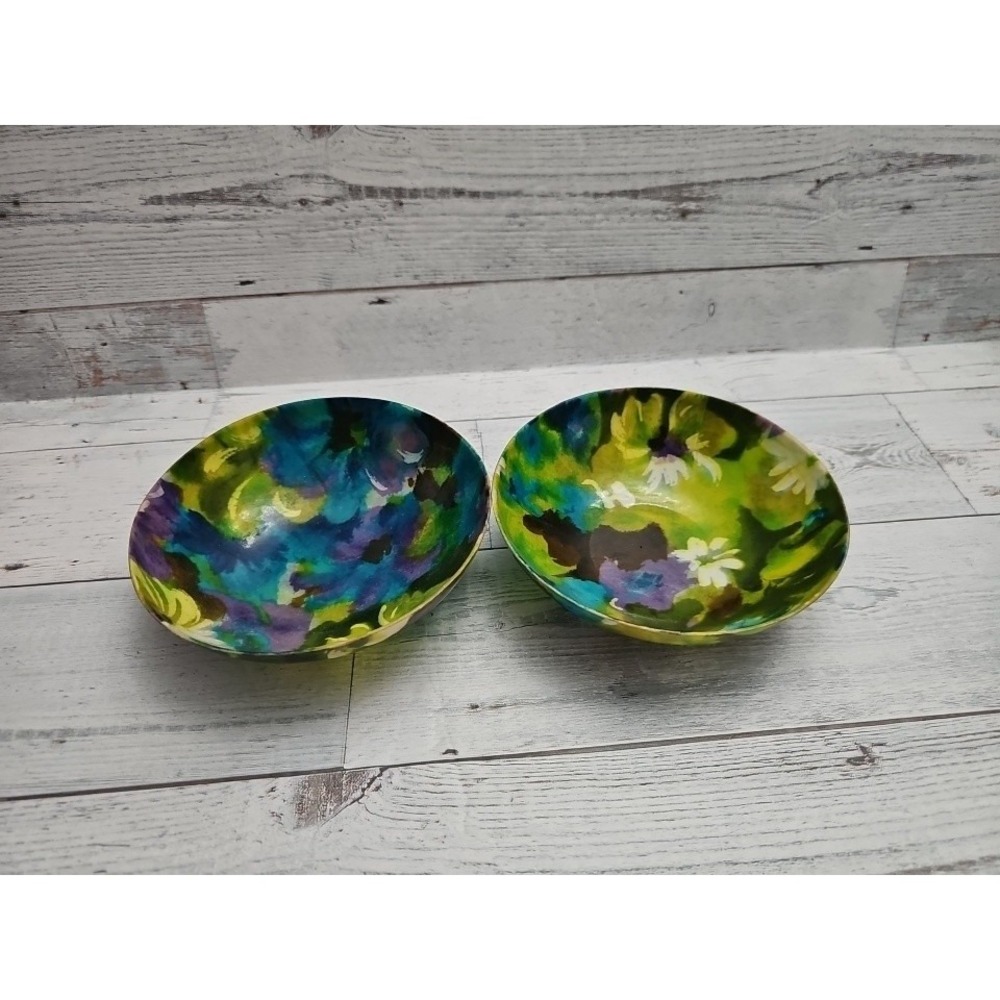 Vtg Pair MCM Fiberglass Salad Bowls 60s Traymold Botanical Floral 6.5" Mod Funky